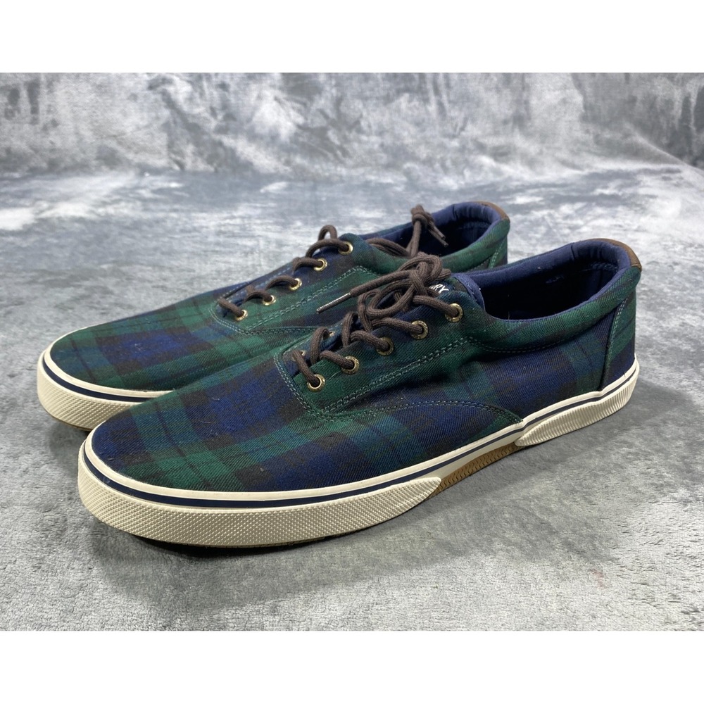 Sperry Top Sider Shoes Mens 16 Green Plaid Canvas Lace Up Round Toe Casual Boat